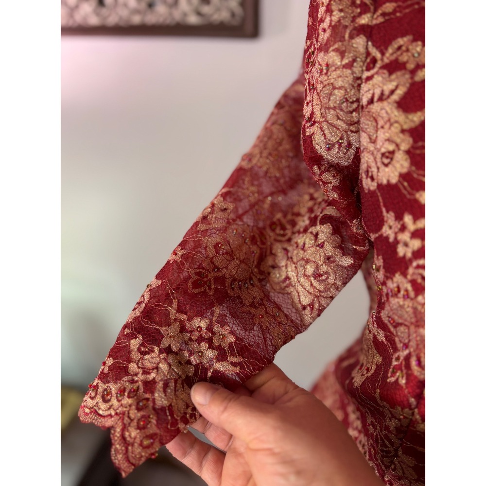 Red Gold Floral Lace Cheongsam Dress Mandarin Collar Style Evening SZ 6/8 - Picture 9 of 15